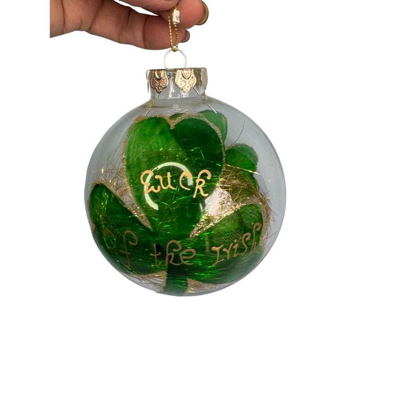 Luck of the Irish Blown Glass Ornament with Gold Tinsel & Green Shamrock 4” - Picture 3 of 6